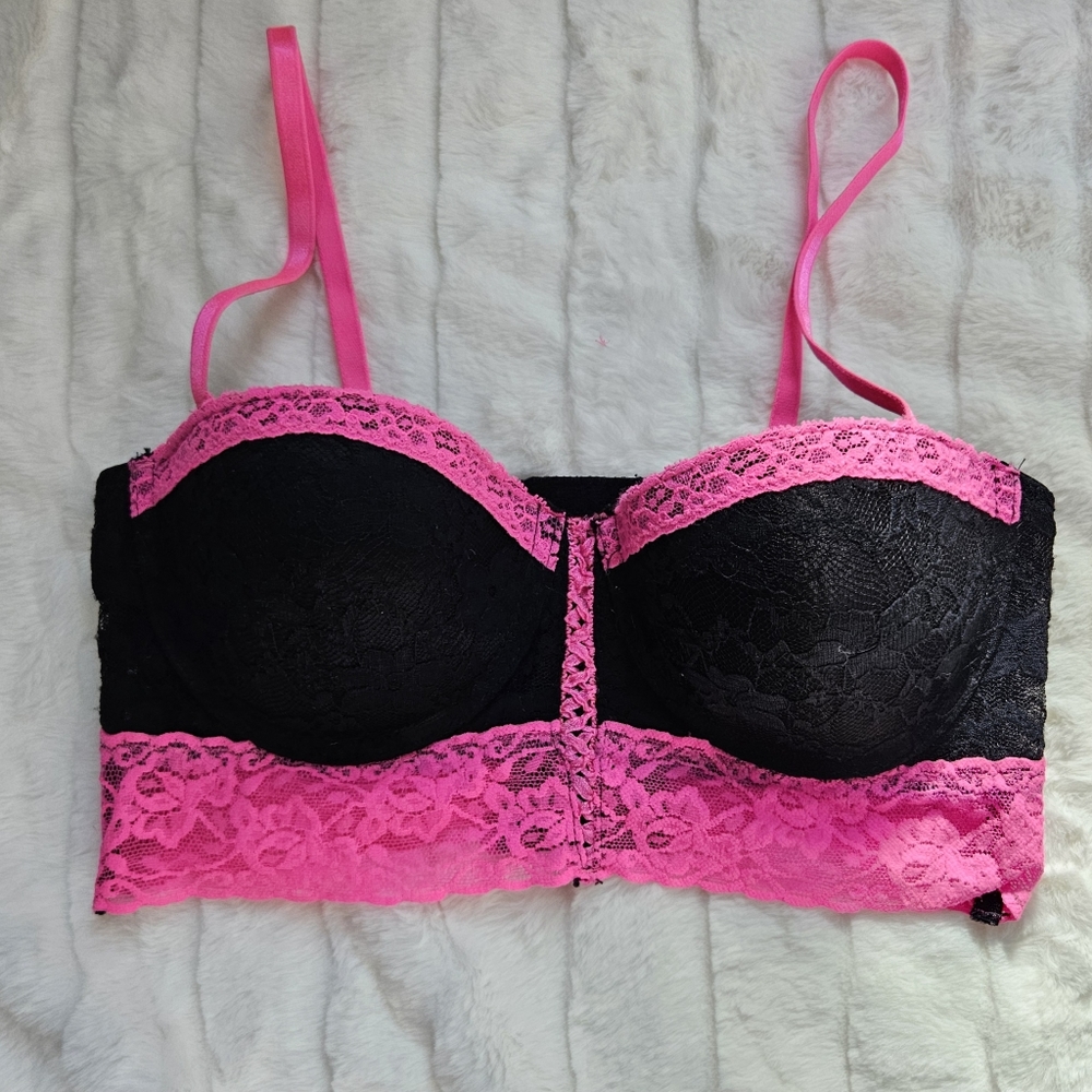 Hot Pink and Black Floral Lace Multiway Strap Bustier, Hot Topic, size 34B